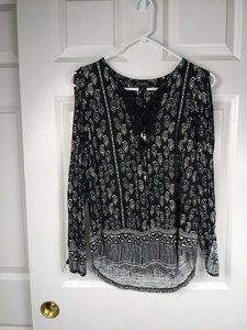 Lucky Brand Black White Boho Long Open Sleeve Paisley Patterned Blouse Sz S
